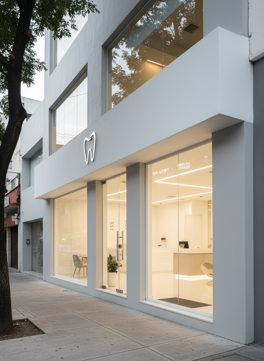 Fachada elegante de una clínica dental premium en Canal de Miramontes 1459, Campestre Churubusco, Coyoacán, vista en fotografía realista. El edificio luce acabados modernos en tonos blanco y gris perlado, con amplios ventanales de vidrio transparente que dejan ver un lobby luminoso. Un letrero sobrio sin texto, solo un emblema abstracto, sugiere la identidad de la clínica. La calle arbolada y la banqueta limpia enmarcan la entrada principal. Luz de tarde suave ilumina la fachada, creando reflejos delicados en el cristal y sombras sutiles. Composición a nivel de calle, ligeramente angulada, con enfoque nítido en la puerta y profundidad hacia el fondo urbano. Atmosfera profesional, sofisticada y acogedora, con estética limpia y contemporánea.