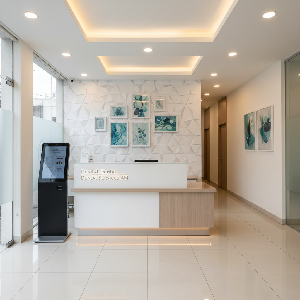 Recepción de la Clínica Dental Dental Services AM en Canal de Miramontes 1459, capturada en fotografía realista. Mostrador minimalista en superficie blanca brillante con detalles de madera clara, sobre piso de porcelanato marfil pulido. Detrás, un muro con diseño geométrico sin texto y una discreta composición de cuadros abstractos en tonos azules y verdes dentales. A un lado, un discreto módulo digital de autoagendamiento sin texto visible, con pantalla encendida. Luz blanca cálida desde paneles empotrados y una entrada de luz natural desde un ventanal lateral, creando un ambiente sereno y ordenado. Toma en ángulo amplio a la altura de los ojos, con perspectiva que muestra la circulación hacia pasillos interiores. Sensación de servicio premium, pulcro y profesional.